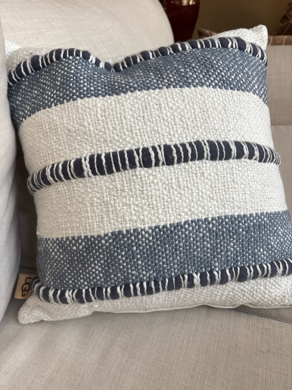 UGG Textured Woven Stripe Decorative Throw Pillow Blue Ivory Coastal Farmhouse